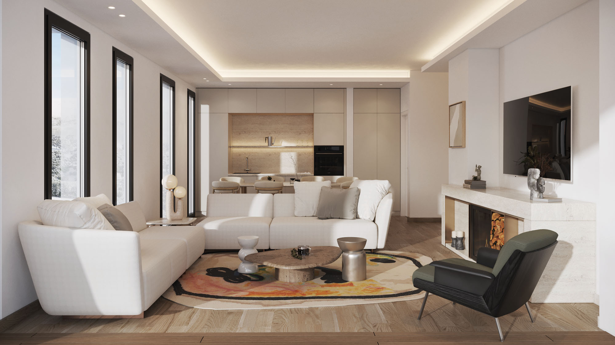 cam facing fire place and kitchen